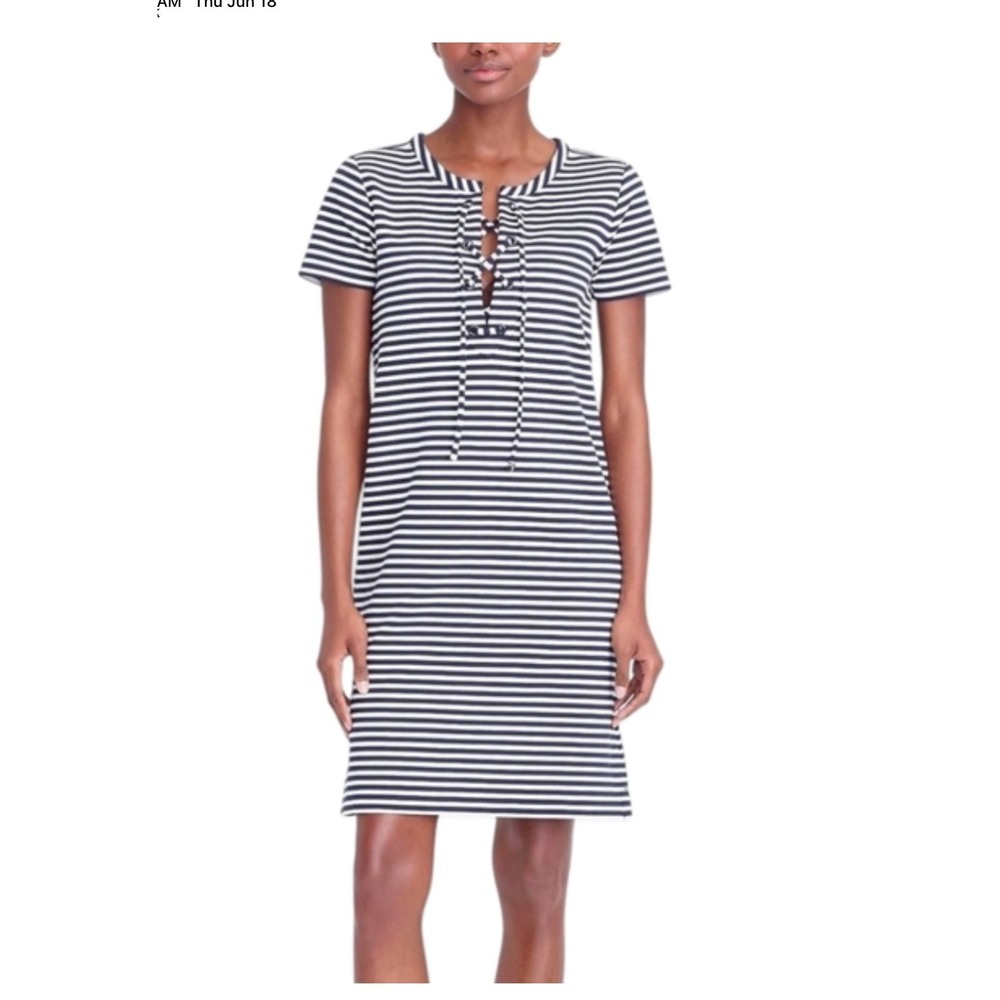 J Crew Womens Lace Up Front Tshirt Dress Black Striped Beach Preppy Summer L